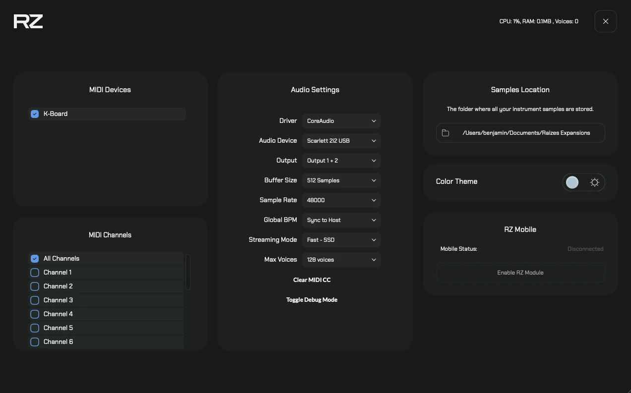 Settings panel — theme toggle, sample folder, RZ Mobile