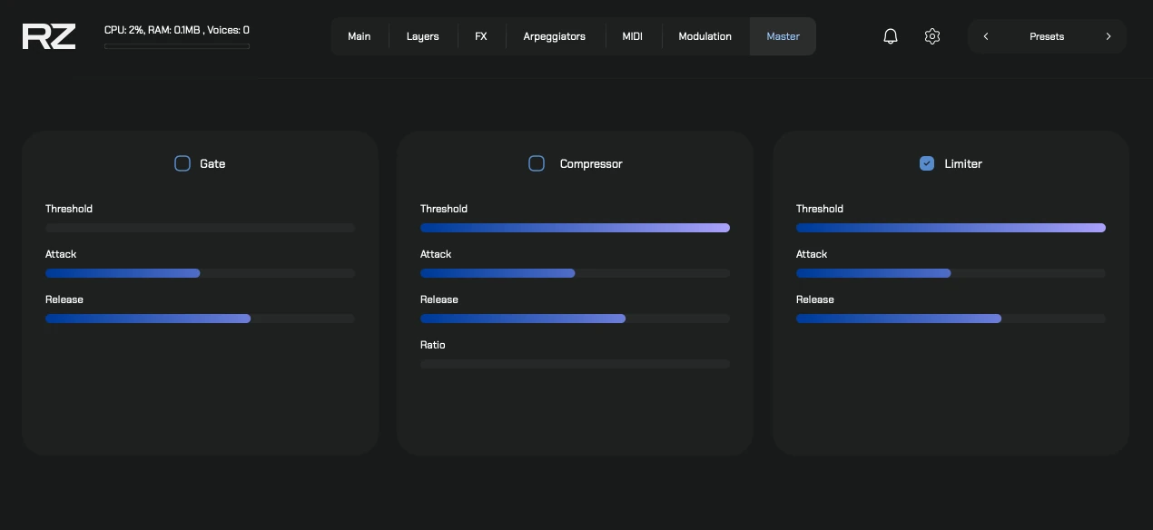 Master Tab — Gate, Compressor, and Limiter controls